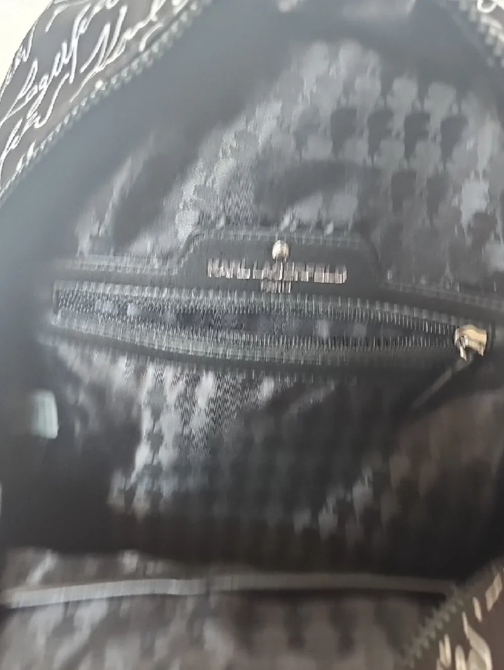Karl Lagerfeld Black and White Script Mini Backpack with Character Patches